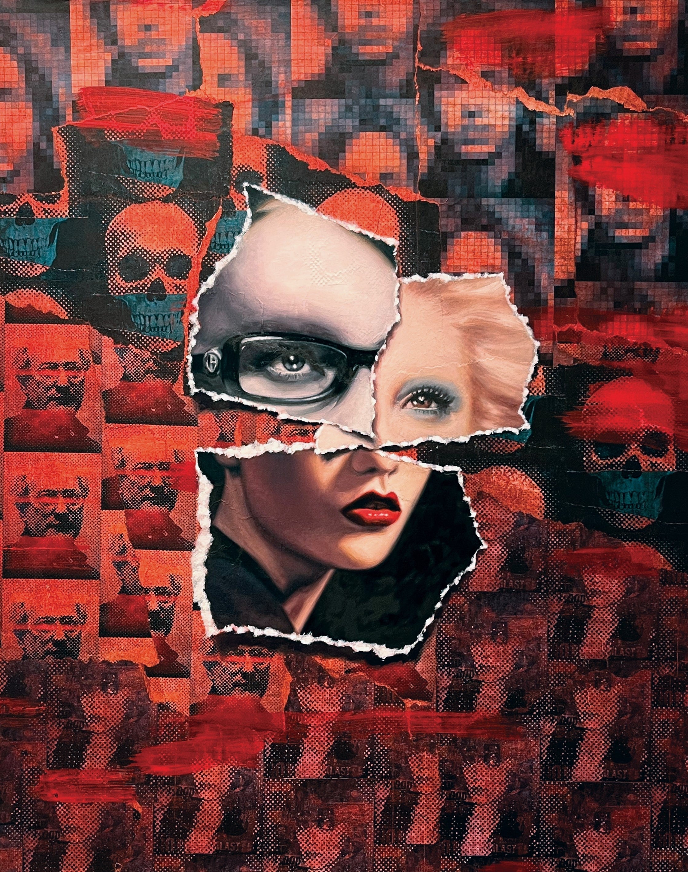  Rivington is a 20x16 inch original painting by Brian Batt, featuring a vibrant collage of blacks, hot pink, red, and beige. This oil on collaged canvas artwork embodies modernism with its dynamic textures and emotional depth, making it a striking addition to any decor.