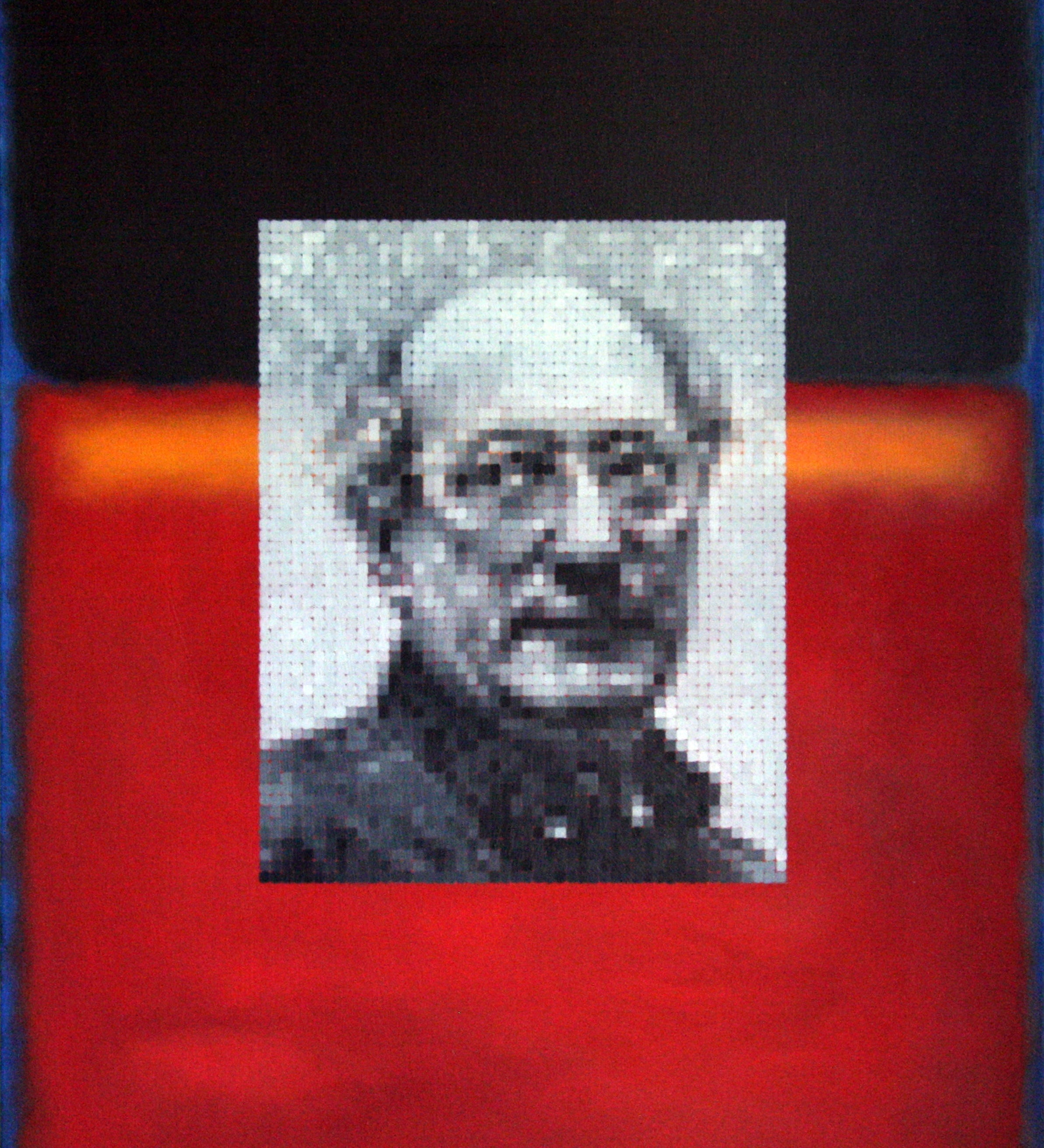 'Rothko On Rothko 1952' is a 30"x24" oil on canvas painting by Brian Batt, featuring a bold palette of red, blacks, blue, and white. This contemporary artwork embodies modernism with its dynamic interplay of color and emotion, inviting viewers to explore its depth and movement.'
