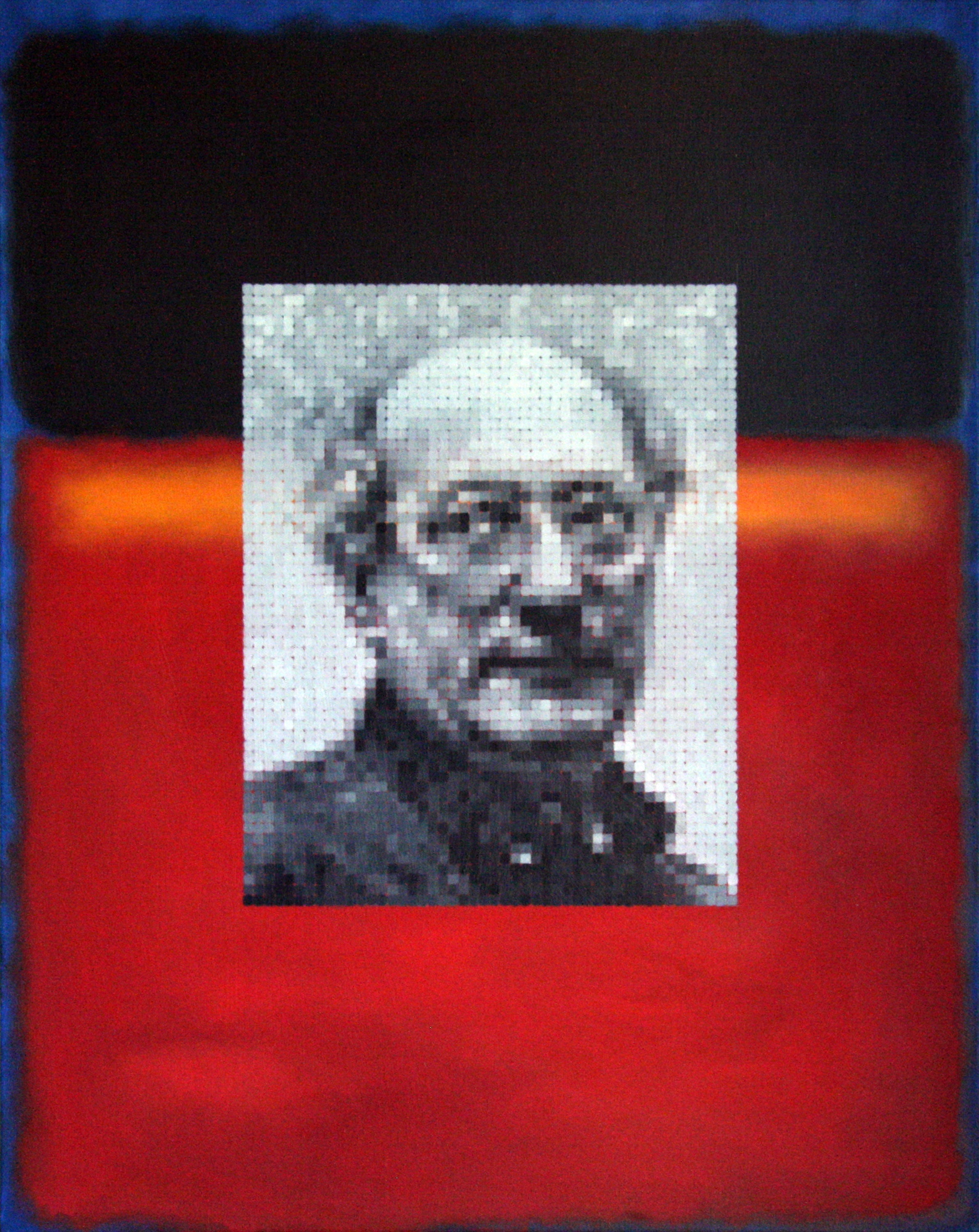 'Rothko On Rothko 1952' is a 30"x24" oil on canvas painting by Brian Batt, featuring a bold palette of red, blacks, blue, and white. This contemporary artwork embodies modernism with its dynamic interplay of color and emotion, inviting viewers to explore its depth and movement.'