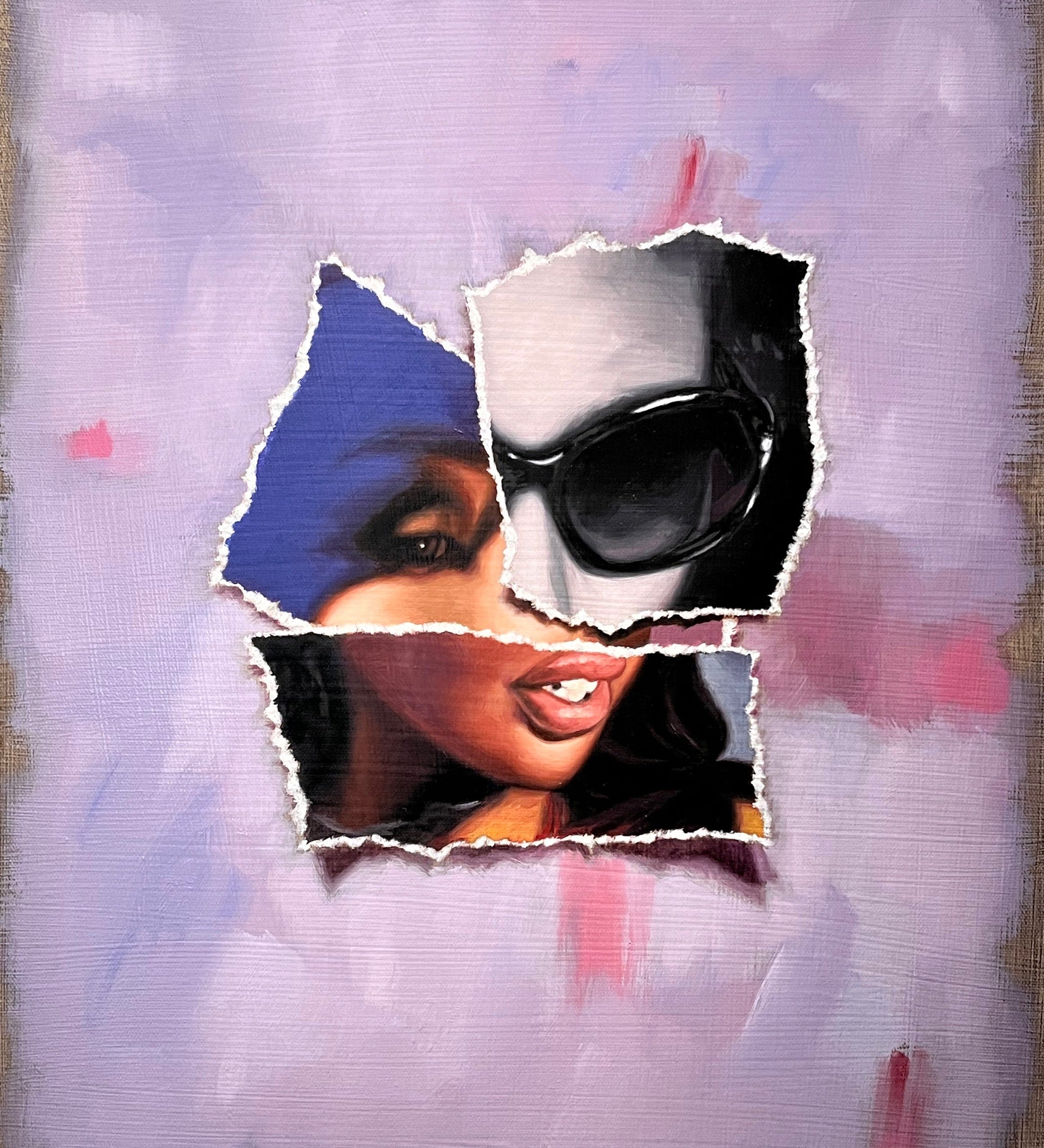 A captivating original painting titled Stanton by Miami-based artist Brian Batt, measuring 20x16 inches. This oil on canvas artwork showcases a modernist collage of pink, blue, brown, beige, blacks, and gray, inviting viewers to explore its intricate interplay of color and form.