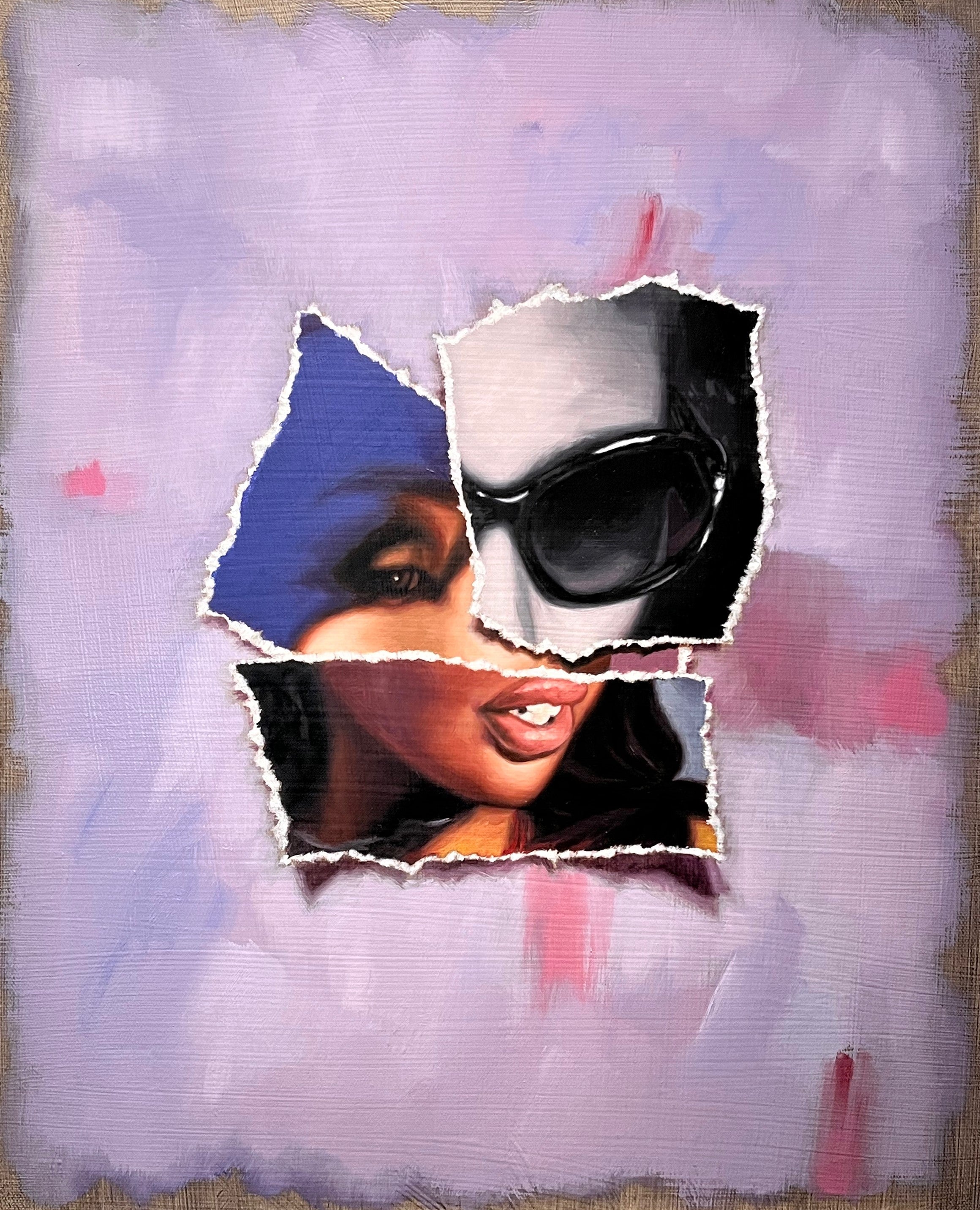  A captivating original painting titled Stanton by Miami-based artist Brian Batt, measuring 20x16 inches. This oil on canvas artwork showcases a modernist collage of pink, blue, brown, beige, blacks, and gray, inviting viewers to explore its intricate interplay of color and form.