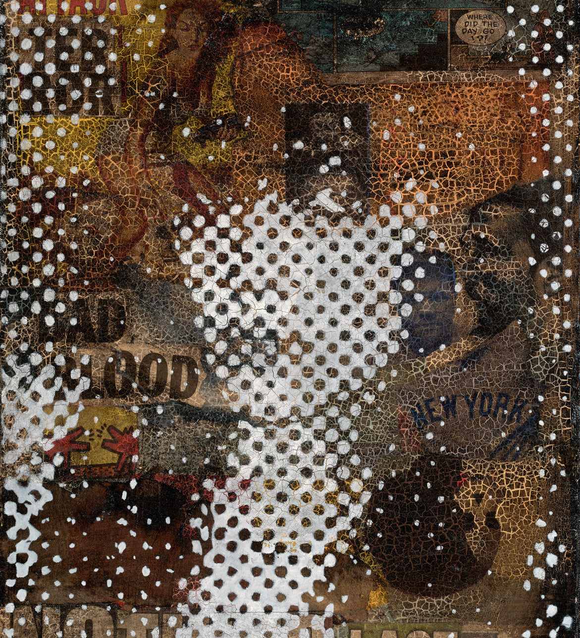 WDTDG, an original painting by Brian Batt, showcases a modernist style with oil on collaged canvas. Measuring 20x16 inches, it features a vibrant color palette of blue, brown, green, and white, reflecting the energy of New York City through intricate dots and portraits, embodying contemporary expression.