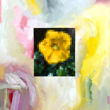A vibrant oil on canvas painting titled 'Yellow Hibiscus' by Miami-based artist Brian Batt, measuring 24"x20". The artwork features a stunning blend of yellow, aqua, orange, white, pink, and red, showcasing hibiscus flowers in a contemporary modern style, merging natural beauty with pixelated elements.