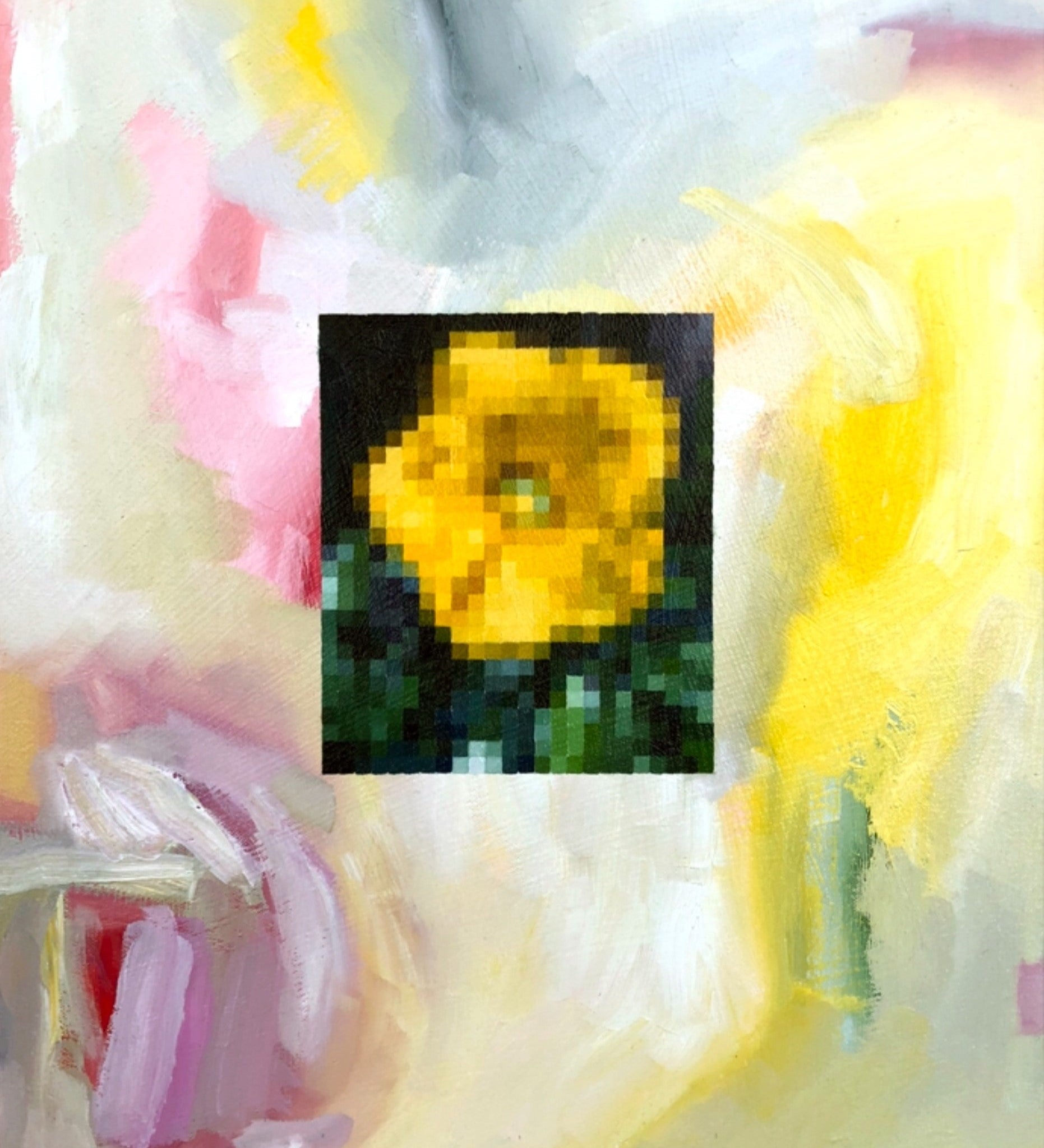 A vibrant oil on canvas painting titled 'Yellow Hibiscus' by Miami-based artist Brian Batt, measuring 24"x20". The artwork features a stunning blend of yellow, aqua, orange, white, pink, and red, showcasing hibiscus flowers in a contemporary modern style, merging natural beauty with pixelated elements.