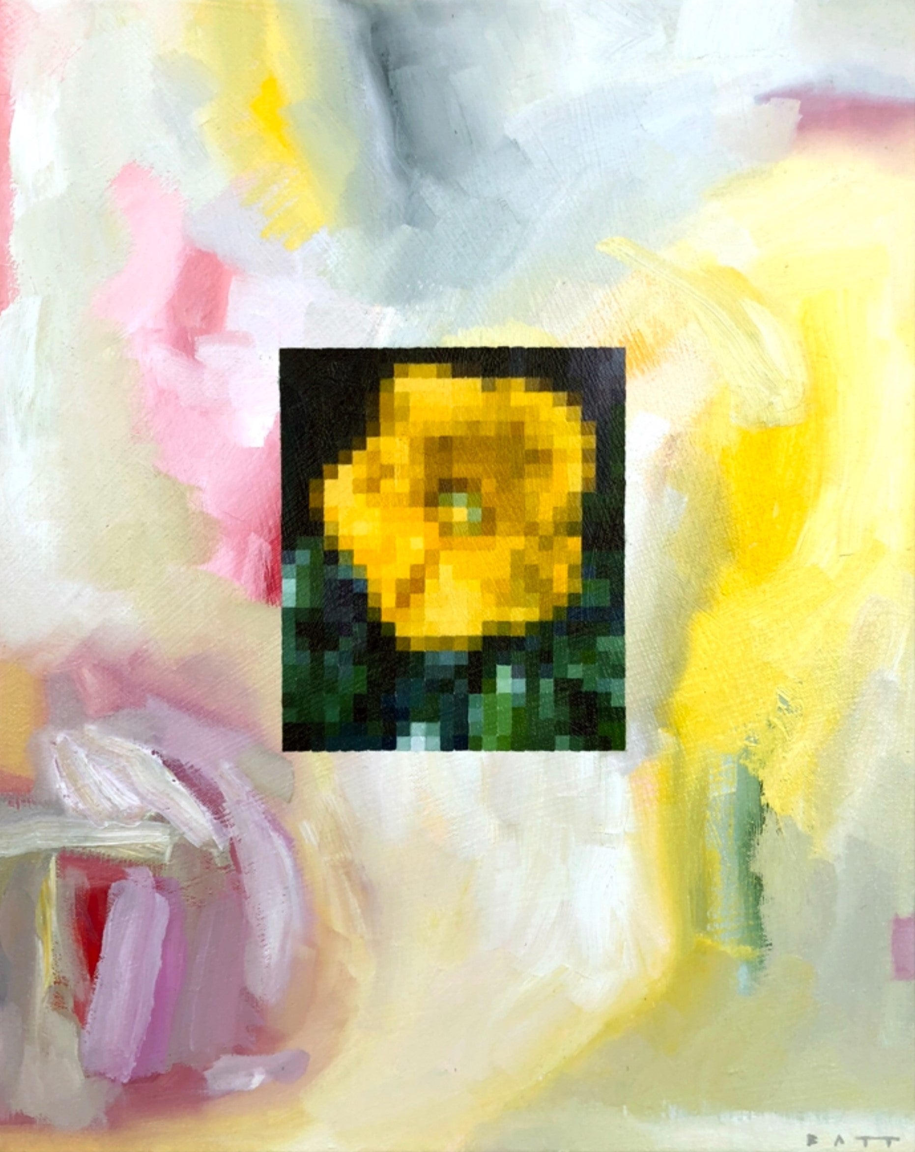 A vibrant oil on canvas painting titled 'Yellow Hibiscus' by Miami-based artist Brian Batt, measuring 24"x20". The artwork features a stunning blend of yellow, aqua, orange, white, pink, and red, showcasing hibiscus flowers in a contemporary modern style, merging natural beauty with pixelated elements.