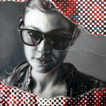 A captivating original painting titled "Anna" by Brian Batt, measuring 20"x16". This modernist artwork features a striking palette of red, blacks, white, and grey, showcasing collage techniques and portraiture. The piece invites viewers to explore its dynamic interplay of torn diversions and pixelated forms, embodying contemporary themes through oil on collaged canvas.