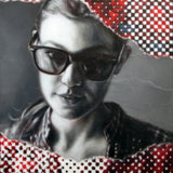 A captivating original painting titled "Anna" by Brian Batt, measuring 20"x16". This modernist artwork features a striking palette of red, blacks, white, and grey, showcasing collage techniques and portraiture. The piece invites viewers to explore its dynamic interplay of torn diversions and pixelated forms, embodying contemporary themes through oil on collaged canvas.