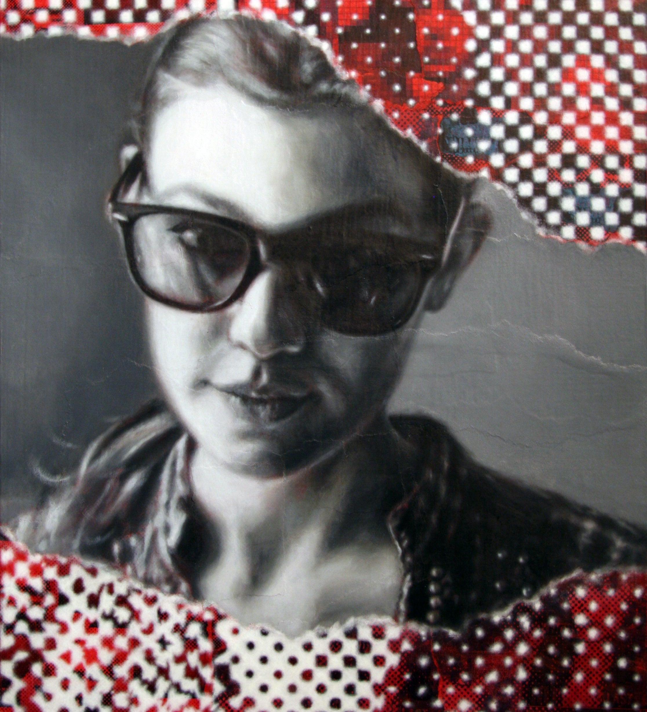 A captivating original painting titled "Anna" by Brian Batt, measuring 20"x16". This modernist artwork features a striking palette of red, blacks, white, and grey, showcasing collage techniques and portraiture. The piece invites viewers to explore its dynamic interplay of torn diversions and pixelated forms, embodying contemporary themes through oil on collaged canvas.