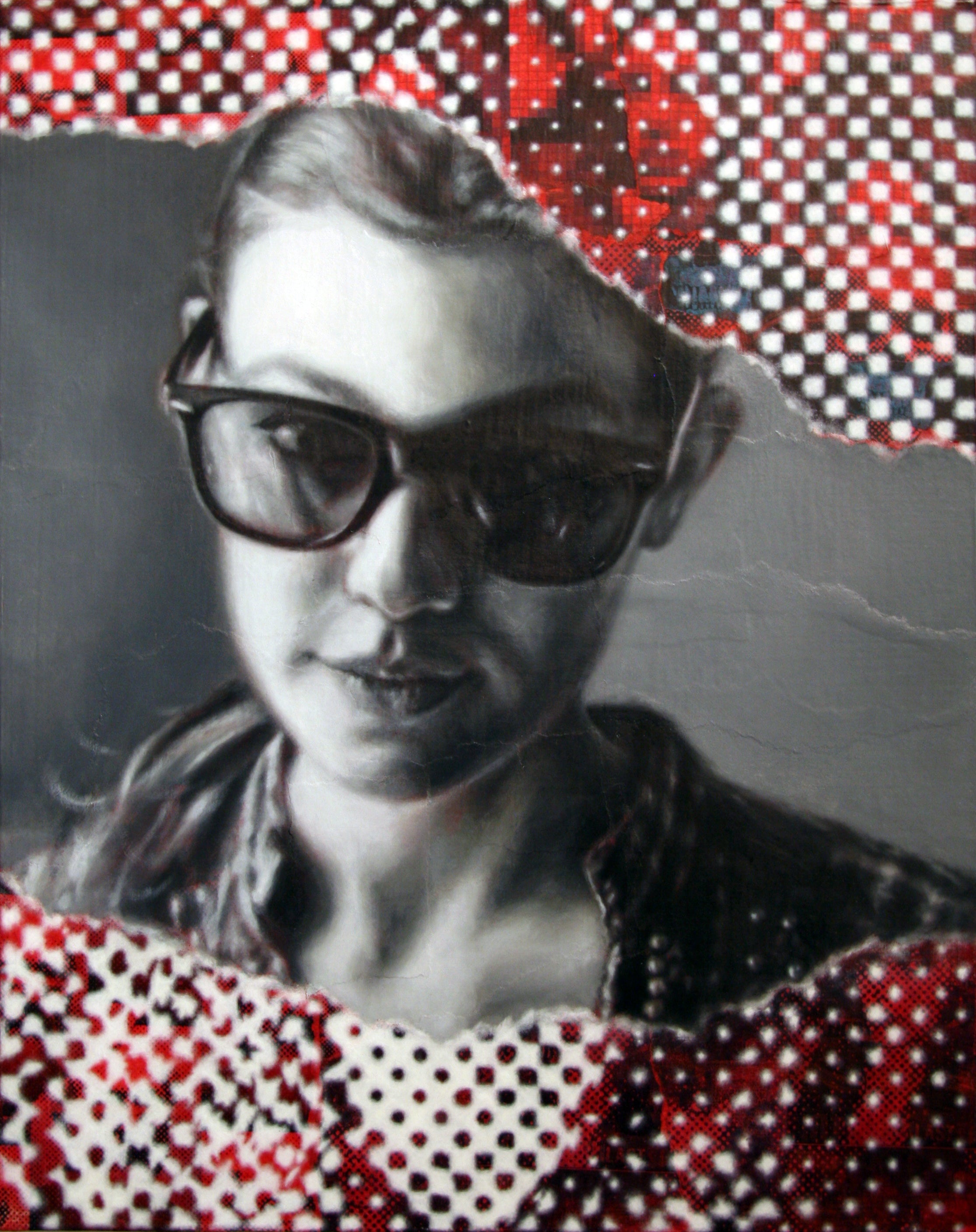 A captivating original painting titled "Anna" by Brian Batt, measuring 20"x16". This modernist artwork features a striking palette of red, blacks, white, and grey, showcasing collage techniques and portraiture. The piece invites viewers to explore its dynamic interplay of torn diversions and pixelated forms, embodying contemporary themes through oil on collaged canvas.
