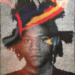 Basquiat on Basquiat is a vibrant 40"x30" oil on canvas painting by Brian Batt, featuring a dynamic interplay of blacks, whites, reds, and oranges. This modernist artwork showcases halftone portraits that reflect New York's celebrity culture, making it a striking addition to any art collection.