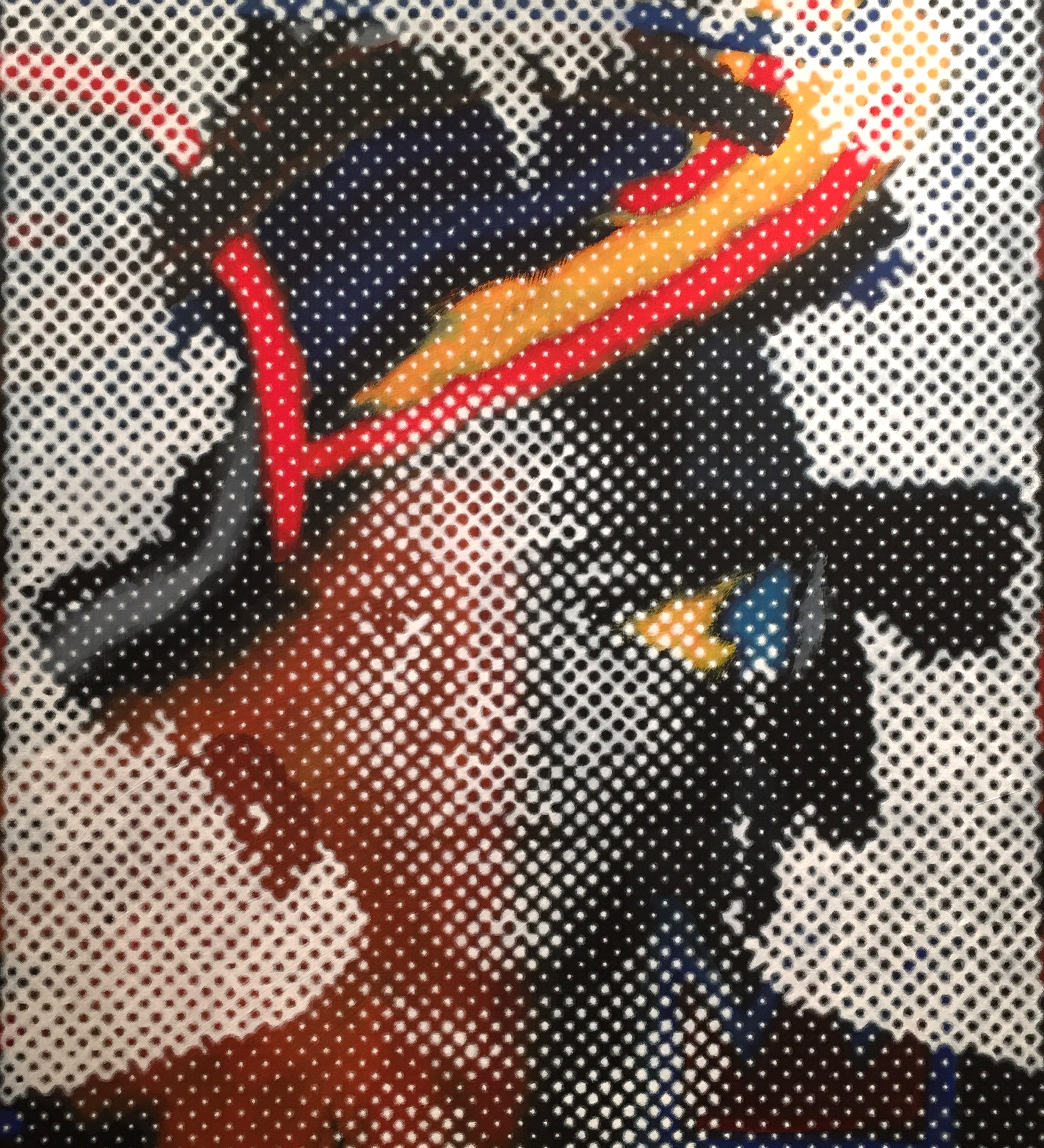 Basquiat on Basquiat is a vibrant 40"x30" oil on canvas painting by Brian Batt, featuring a dynamic interplay of blacks, whites, reds, and oranges. This modernist artwork showcases halftone portraits that reflect New York's celebrity culture, making it a striking addition to any art collection.