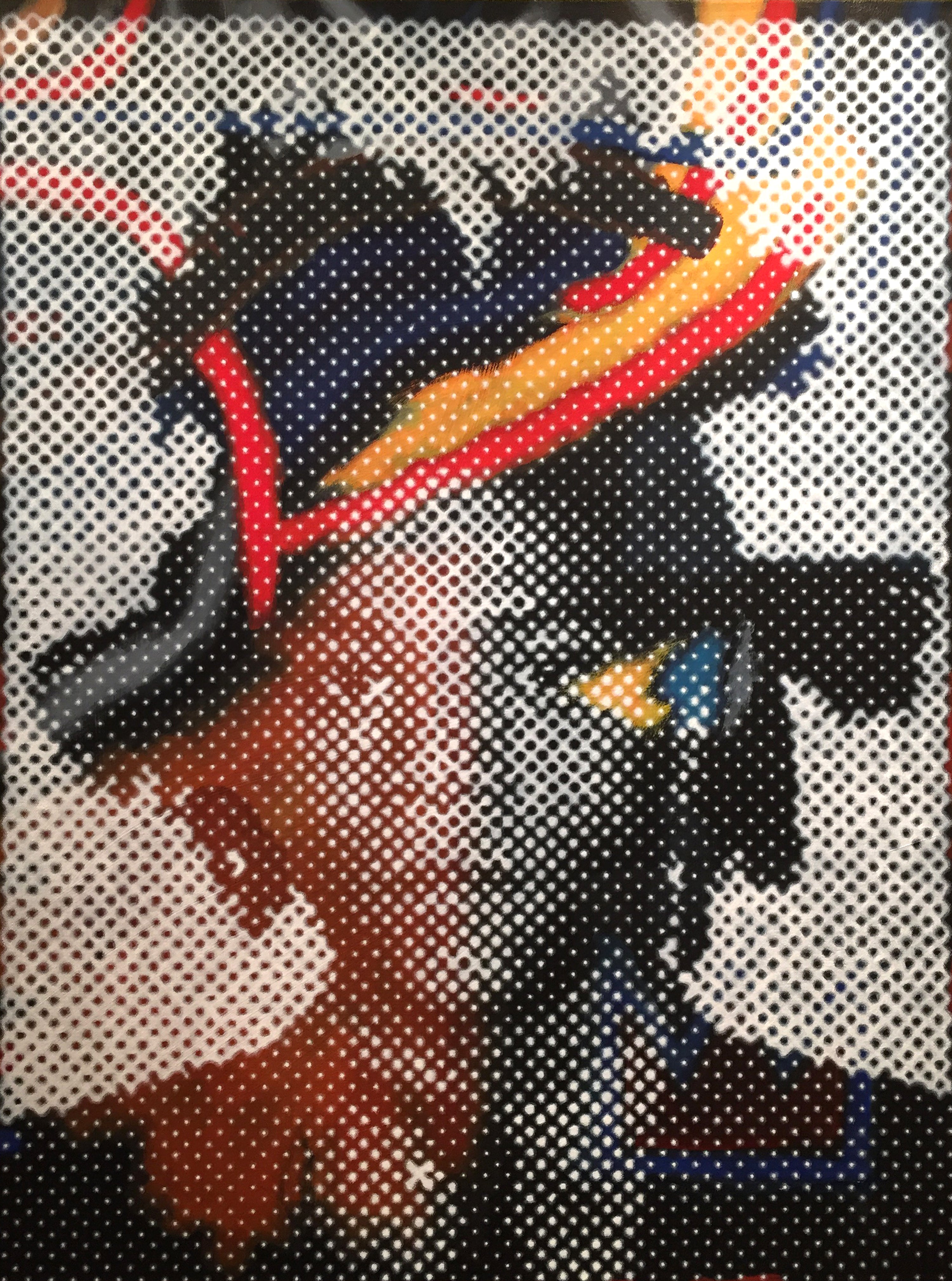 Basquiat on Basquiat is a vibrant 40"x30" oil on canvas painting by Brian Batt, featuring a dynamic interplay of blacks, whites, reds, and oranges. This modernist artwork showcases halftone portraits that reflect New York's celebrity culture, making it a striking addition to any art collection.